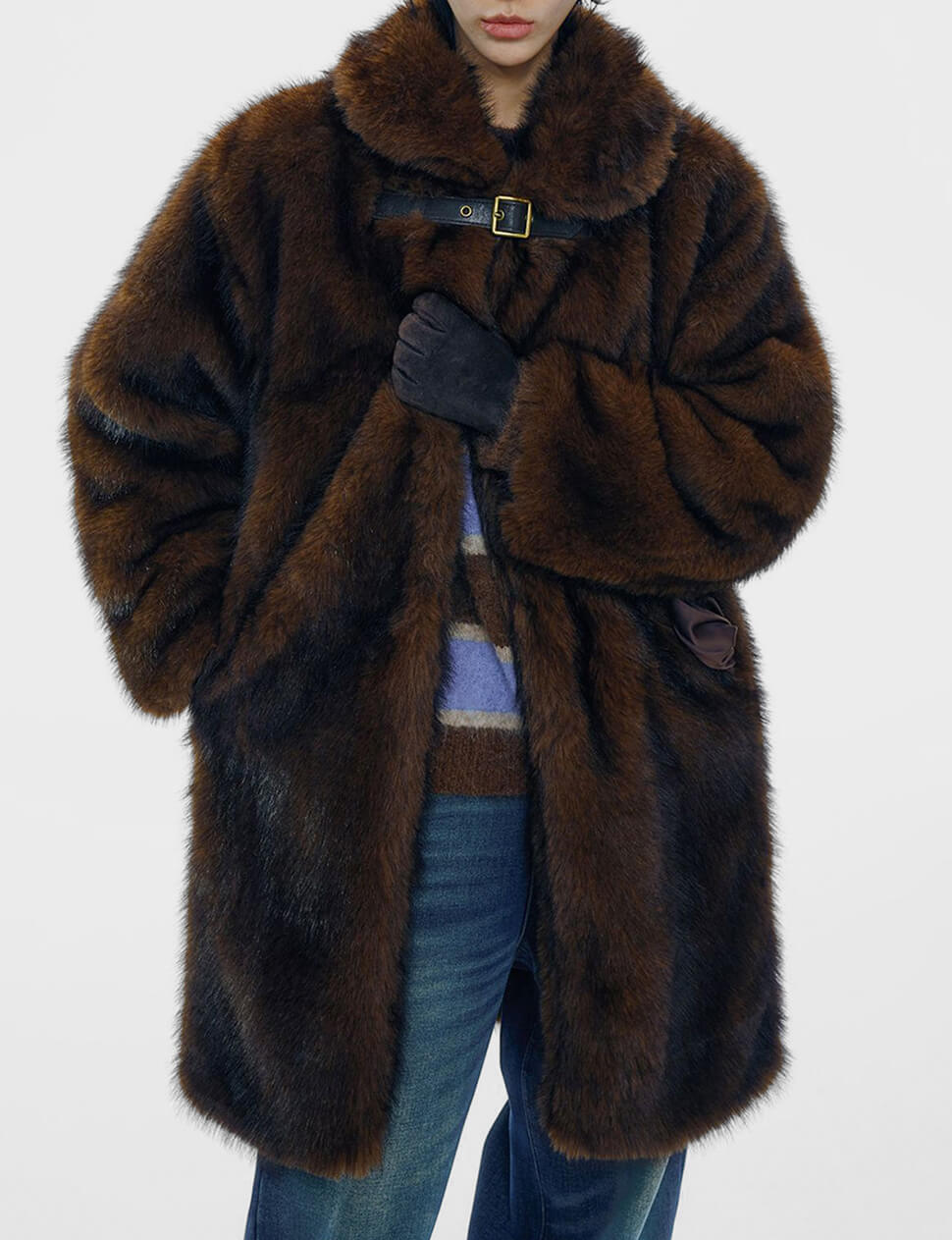 Brown Buckled Neck Fur Coat -PREORDER