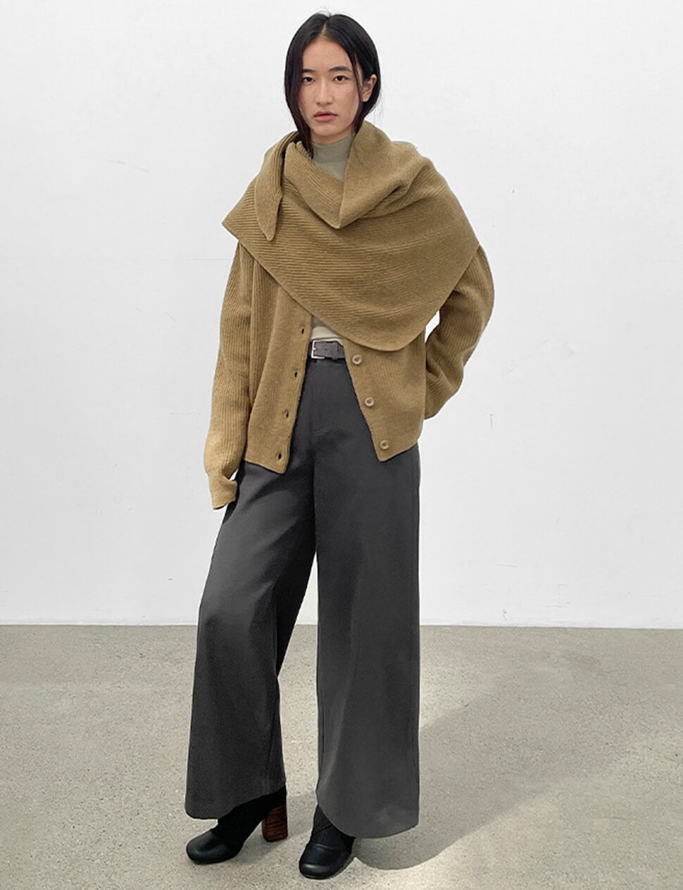 Khaki Scarf Knit Cardigan-PREORDER