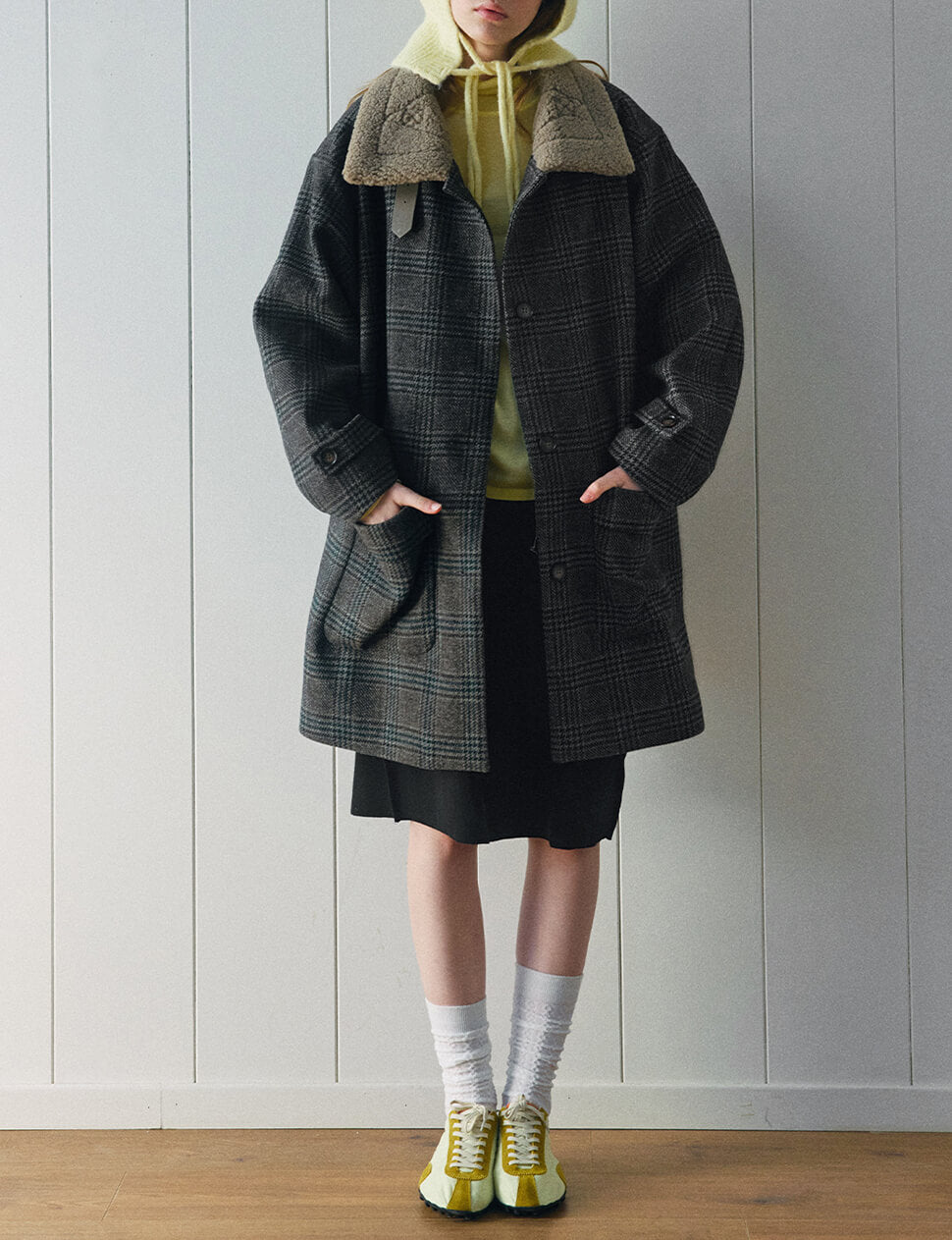 Grey Plaid Fur Collar Coat -PREORDER
