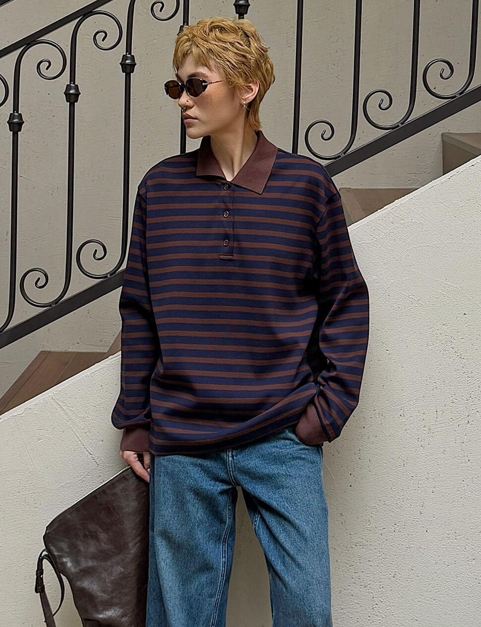 Brown and Navy Striped Knit Polo-PREORDER