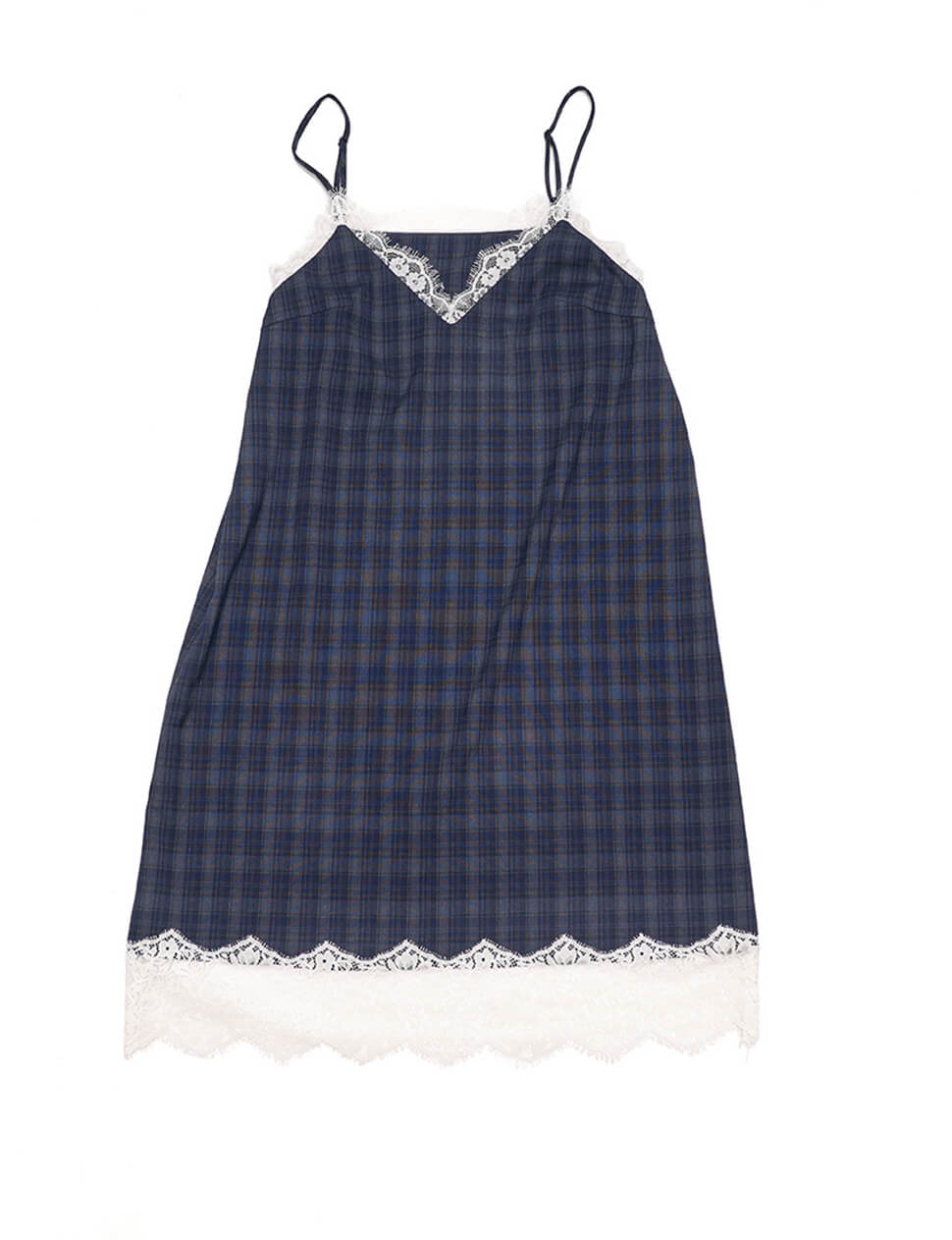Navy Plaid Lace Trim Slip Dress | Layering Cami Midi Dress S Navy Plaid Lace Trim Slip Dress | Layering Cami Midi Dress S