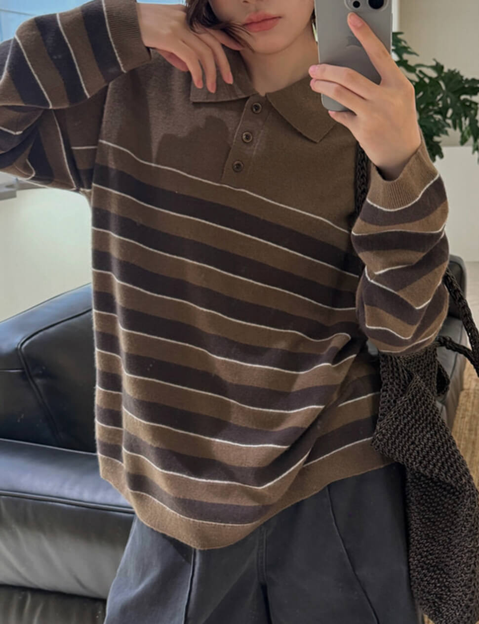Brown Stripe Polo Collar Sweater -PREORDER