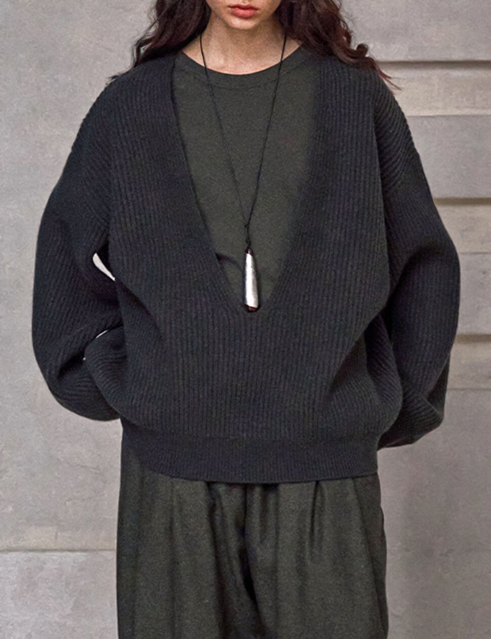 Charcoal Deep-V-Neck Sweater -PREORDER