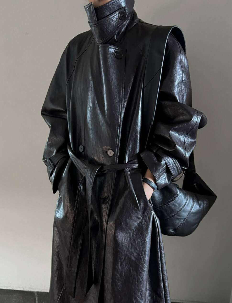 Oversized Leather Funnel-Neck Coat -PREORDER