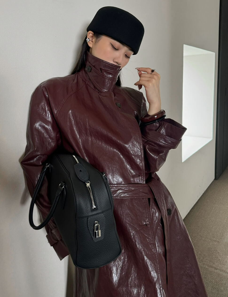 Oxblood Oversized Leather Funnel-Neck Coat -PREORDER