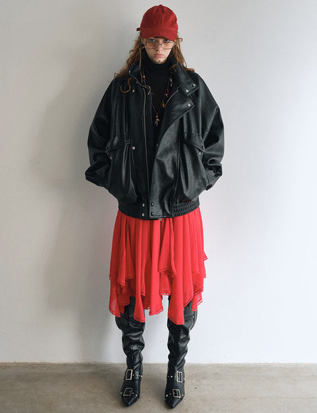 Black Funnel Neck Leather Jacket