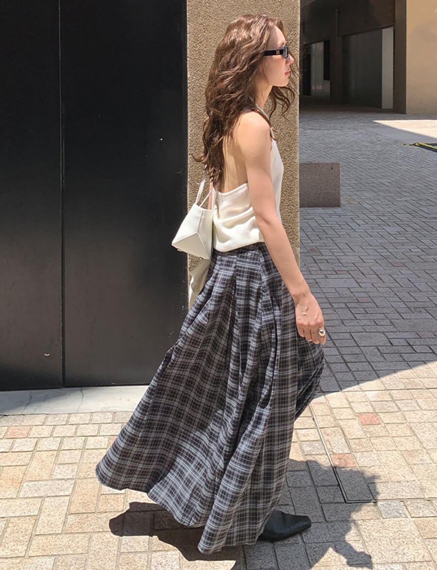Grey Plaid Belted Skirt-PREORDER