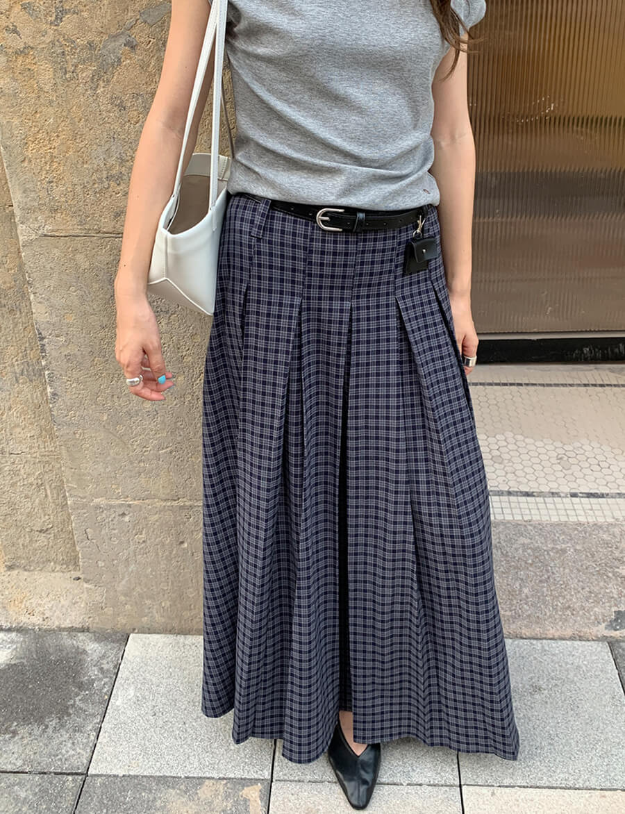 Navy Plaid Belted Skirt-PREORDER