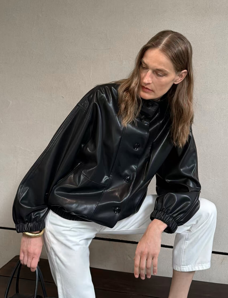 Black Funnel Neck Leather Bomber Jacket-PREORDER