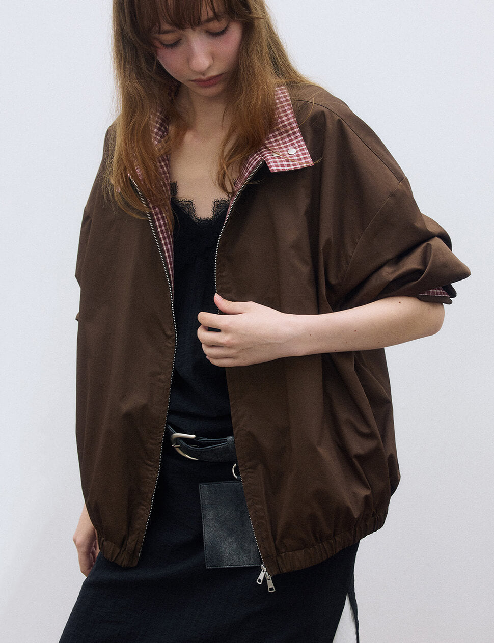 Brown Plaid Bomber Jacket - Main Image