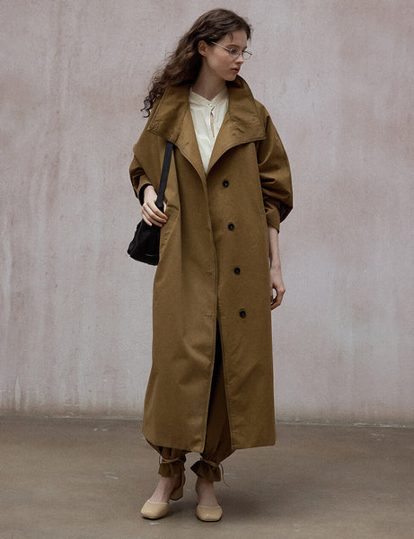Toffee-Stand Collar Long Trench Jacket