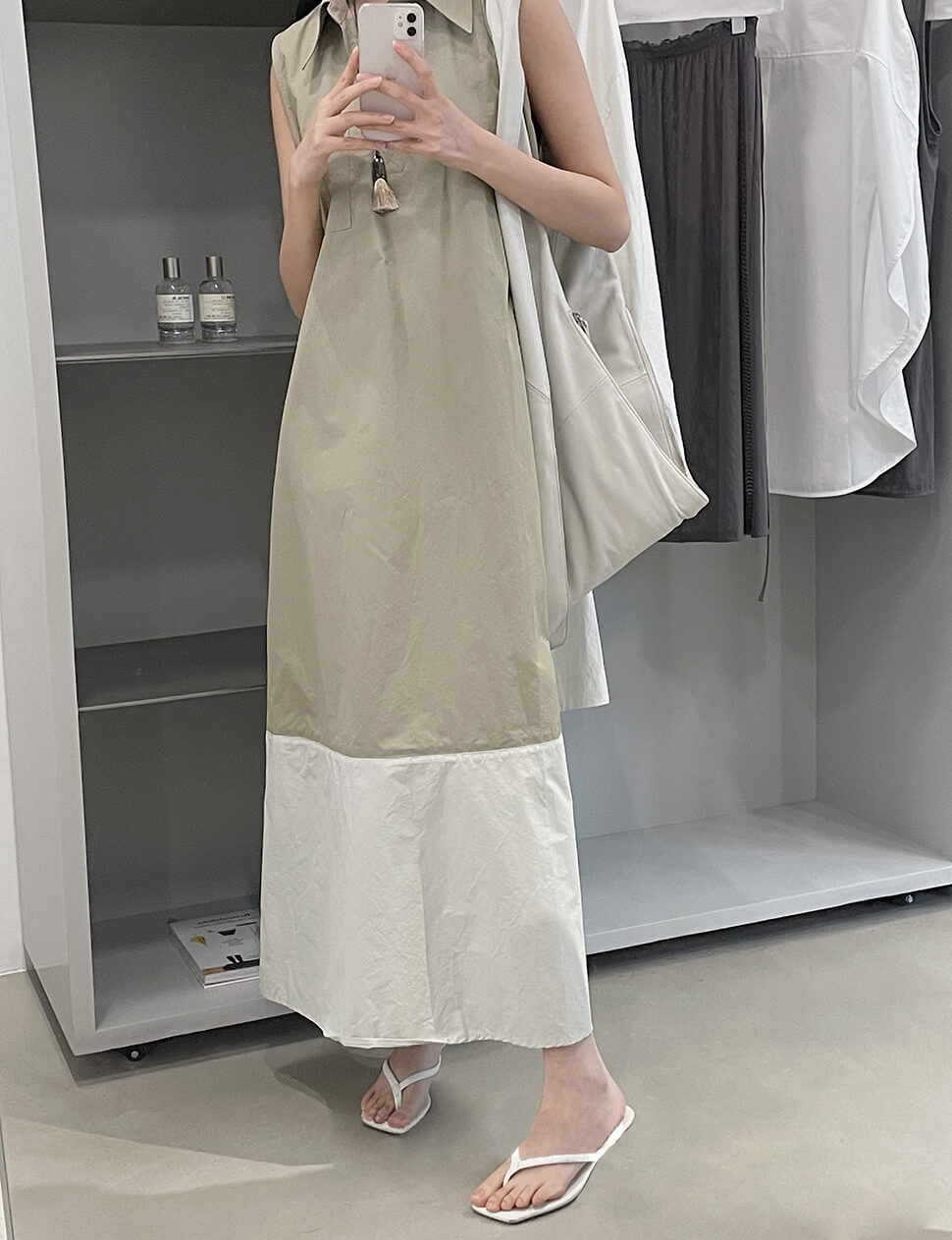 Khaki and white Collar Shirt Dress -PREORDER