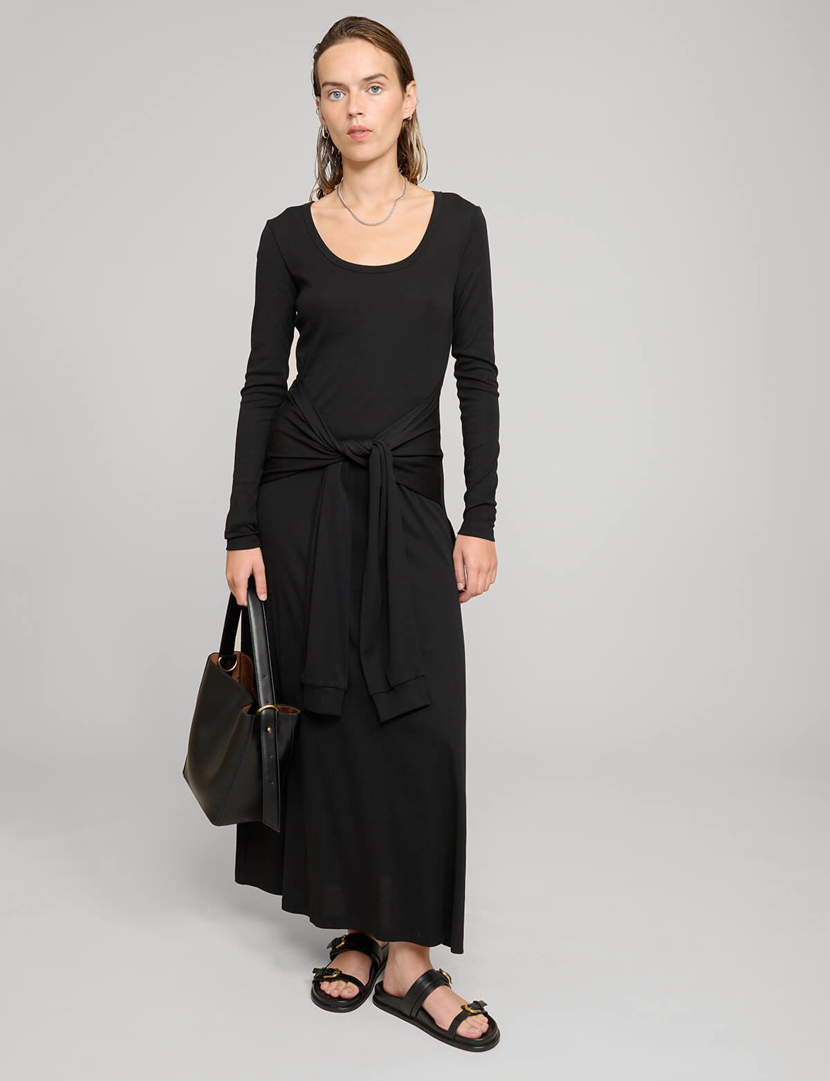 long sleeve dress with neck tie Tie Neck Midi Dress