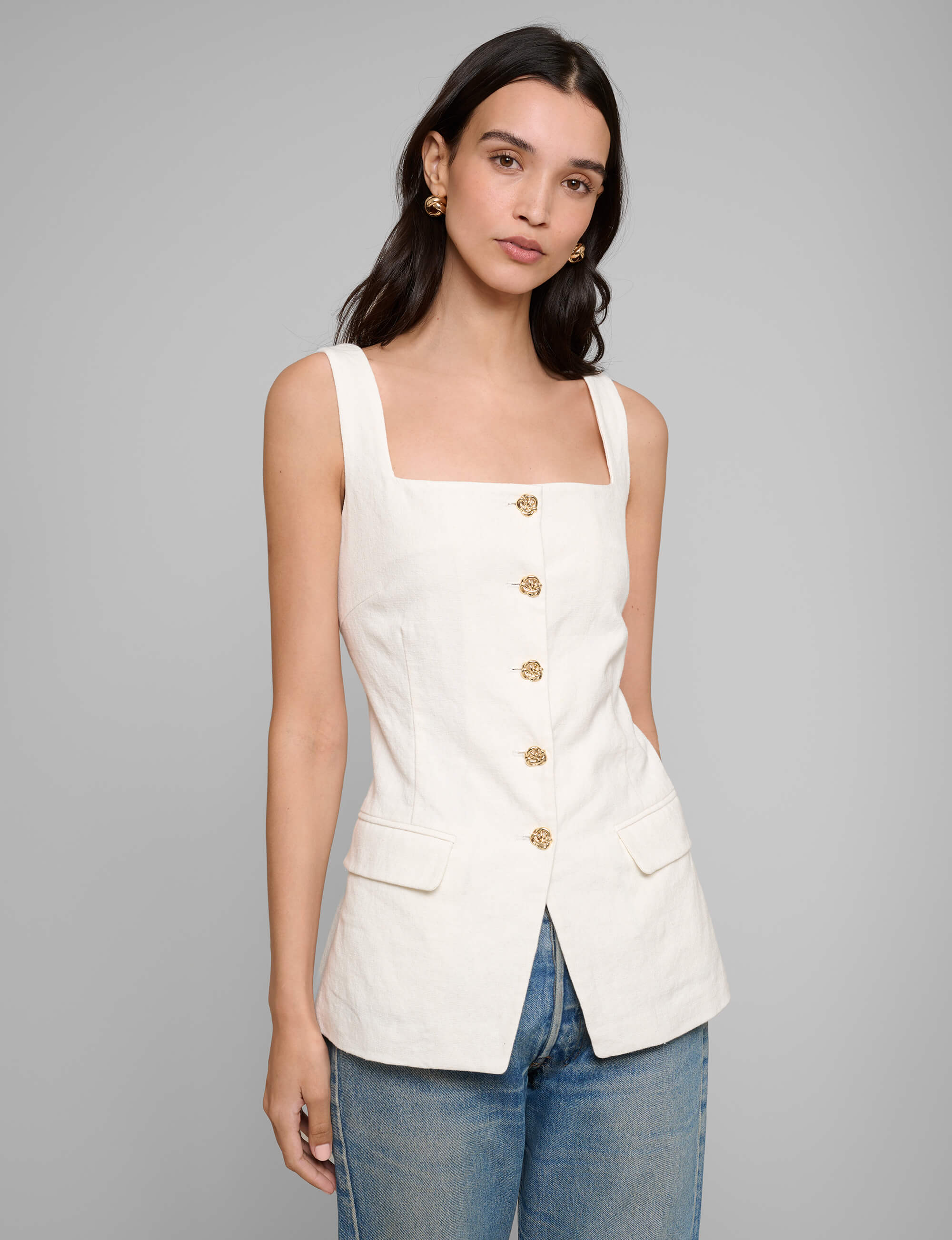 Agatha Gold-Button Linen Vest Top-PREORDER