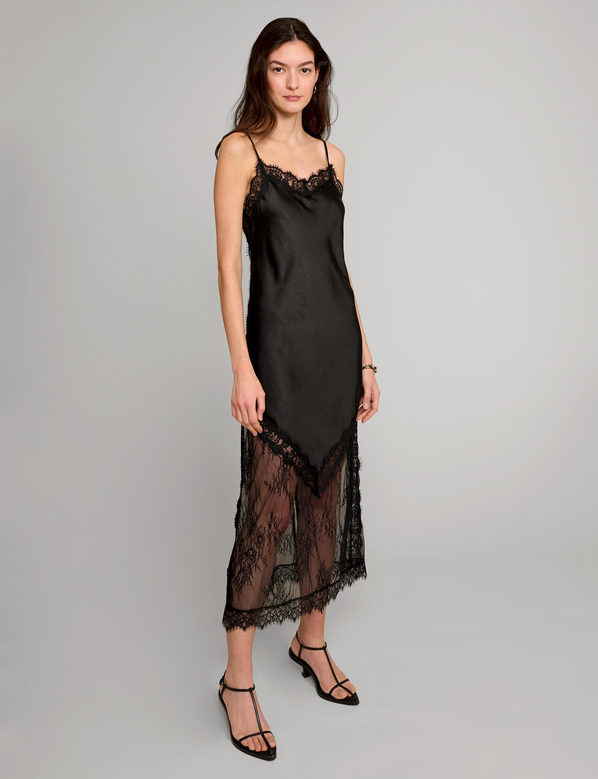 Black Satin Lace Slip Dress | Asymmetric Lace Hem Midi Dress S Black Satin Lace Slip Dress | Asymmetric Lace Hem Midi Dress S