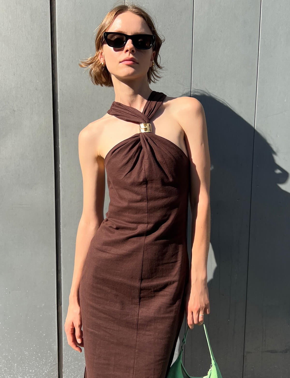 Pixie Market Attica Linen Blend Halter Dress in Dark Brown at Nordstrom, Size Large Pixie Market Attica Linen Blend Halter Dress in Dark Brown at Nordstrom, Size Large