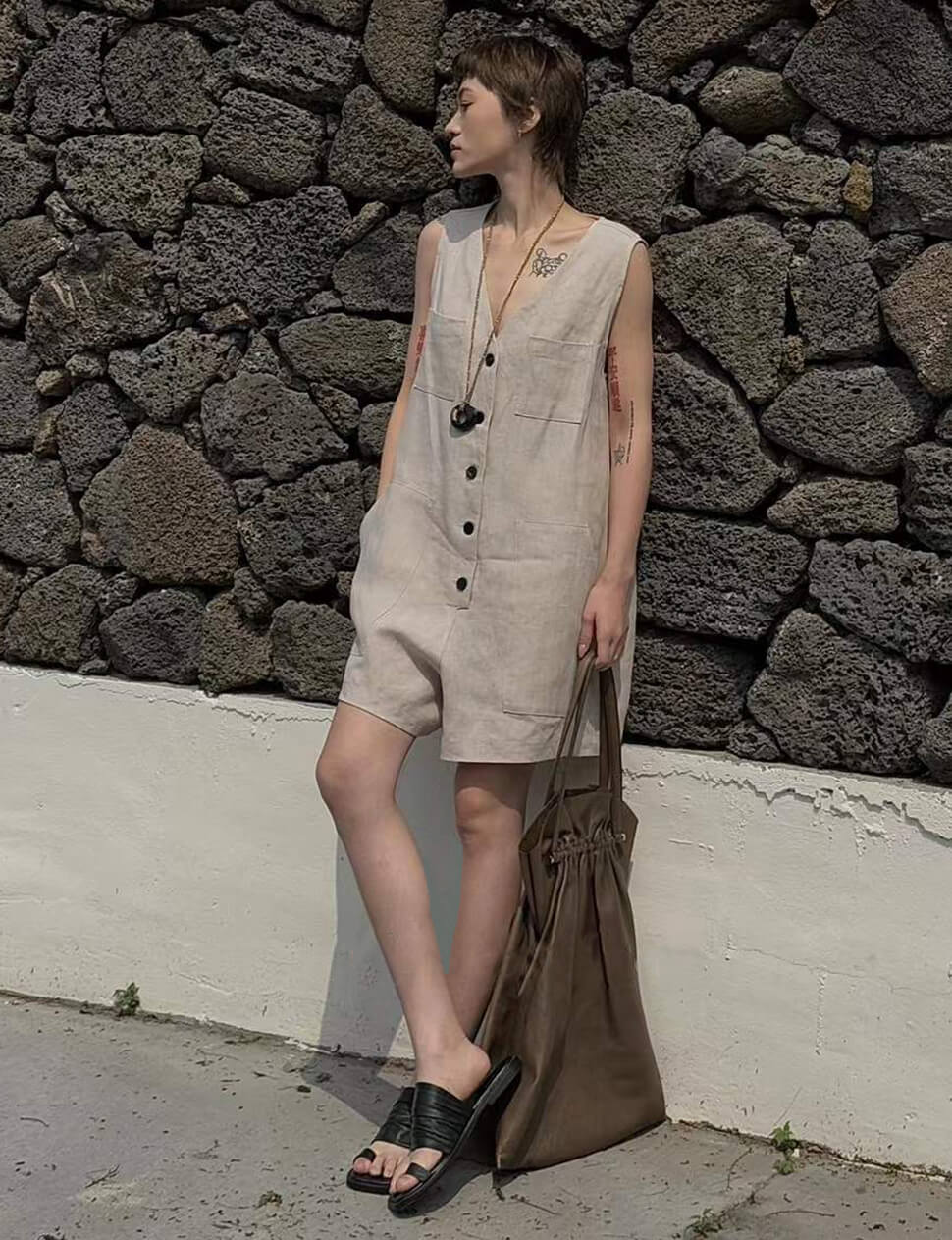 Linen Button Romper-PREORDER