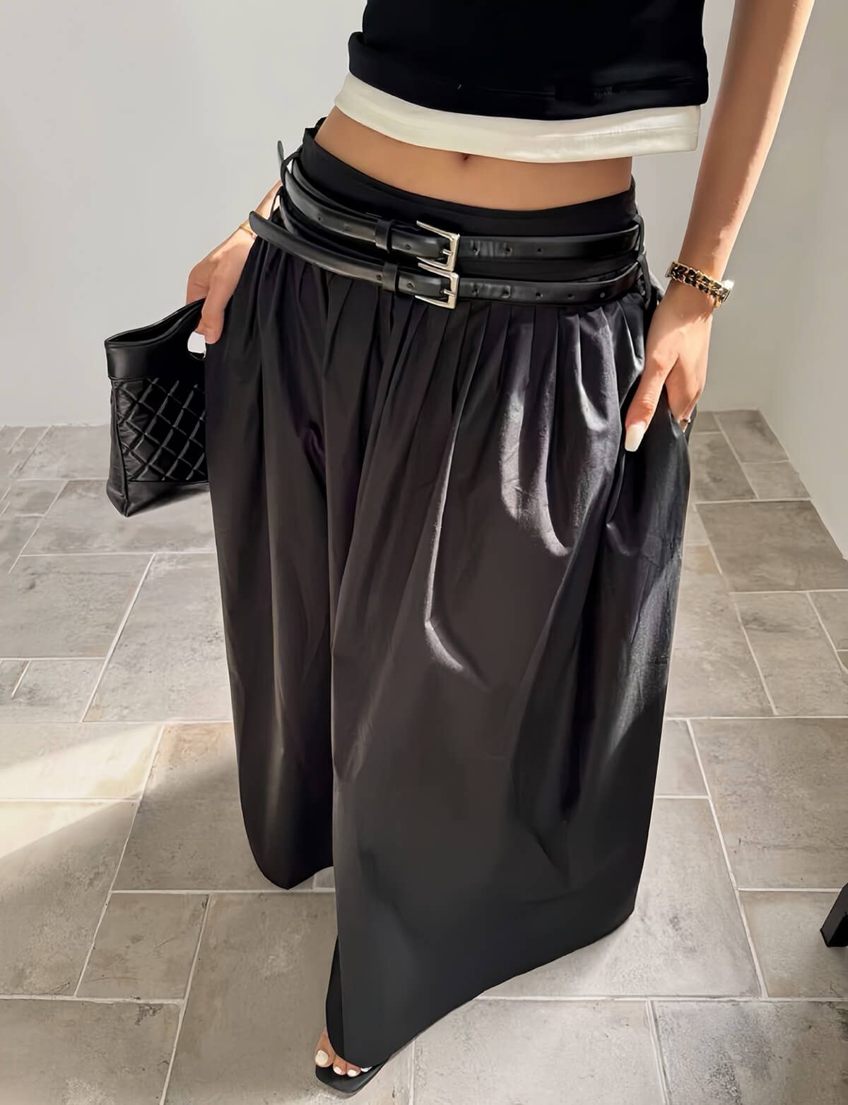 Thea Black Double Belted Maxi Skirt-PREORDER
