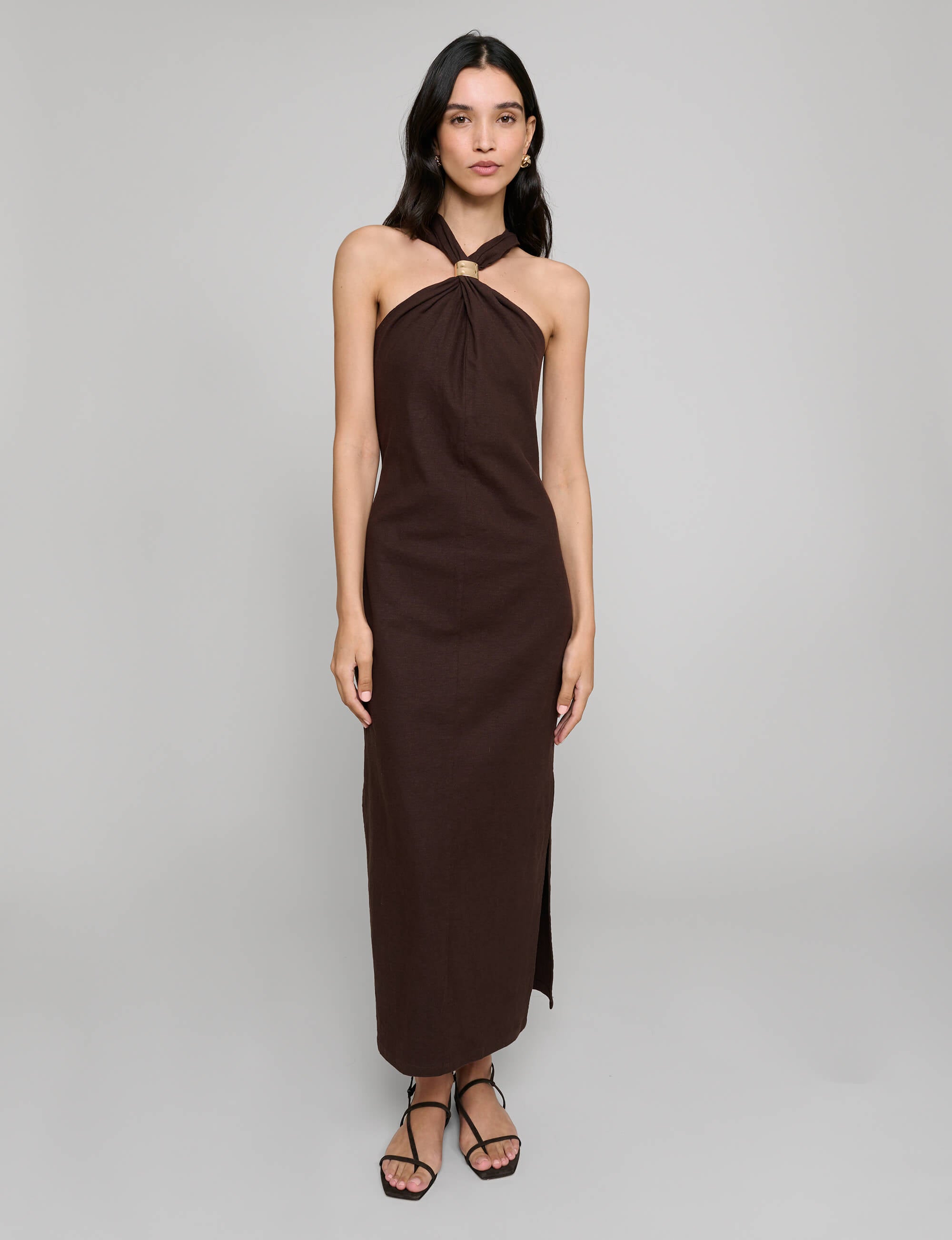 Pixie Market Attica Linen Blend Halter Dress in Dark Brown at Nordstrom, Size Large Pixie Market Attica Linen Blend Halter Dress in Dark Brown at Nordstrom, Size Large