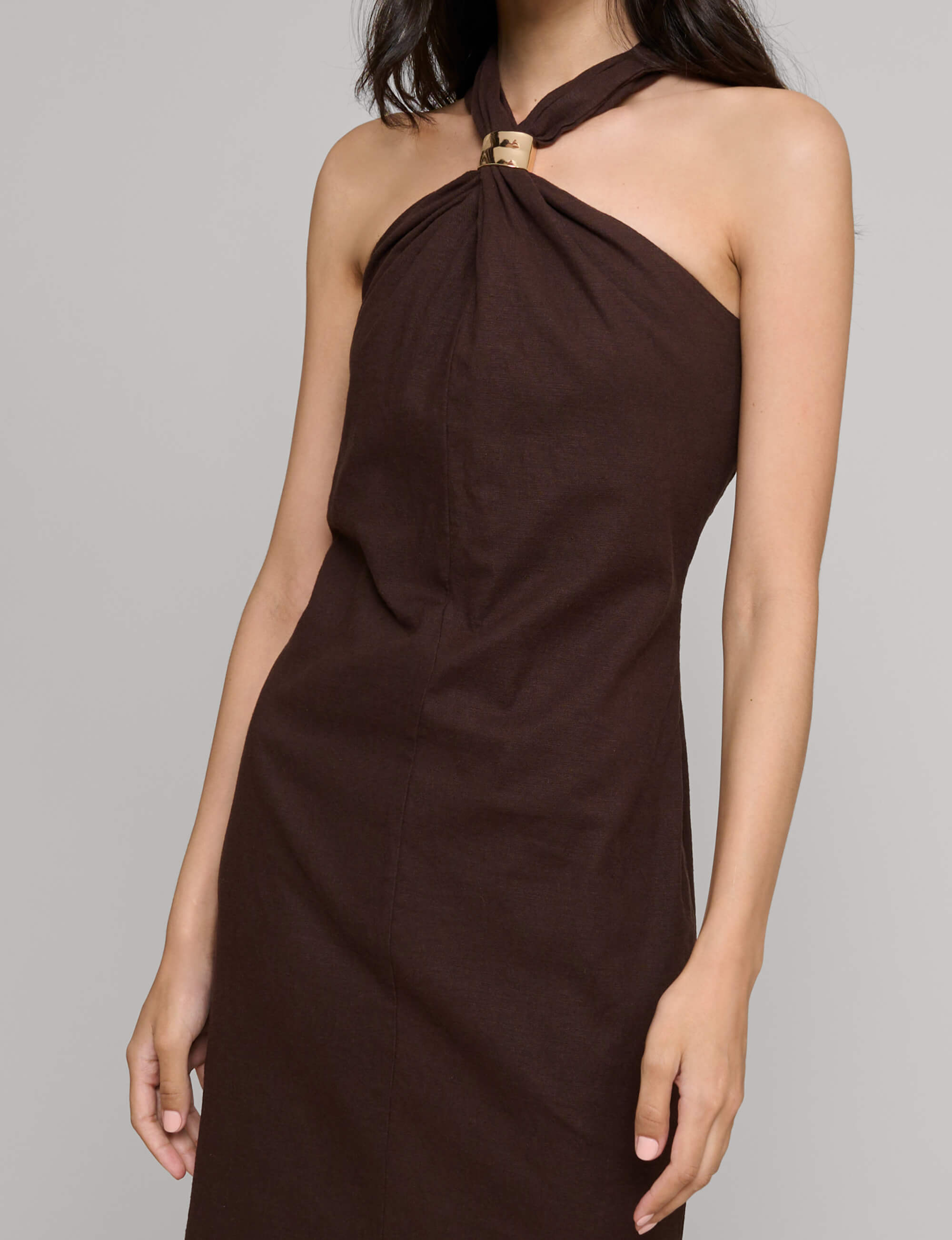 Pixie Market Attica Linen Blend Halter Dress in Dark Brown at Nordstrom, Size Large Pixie Market Attica Linen Blend Halter Dress in Dark Brown at Nordstrom, Size Large