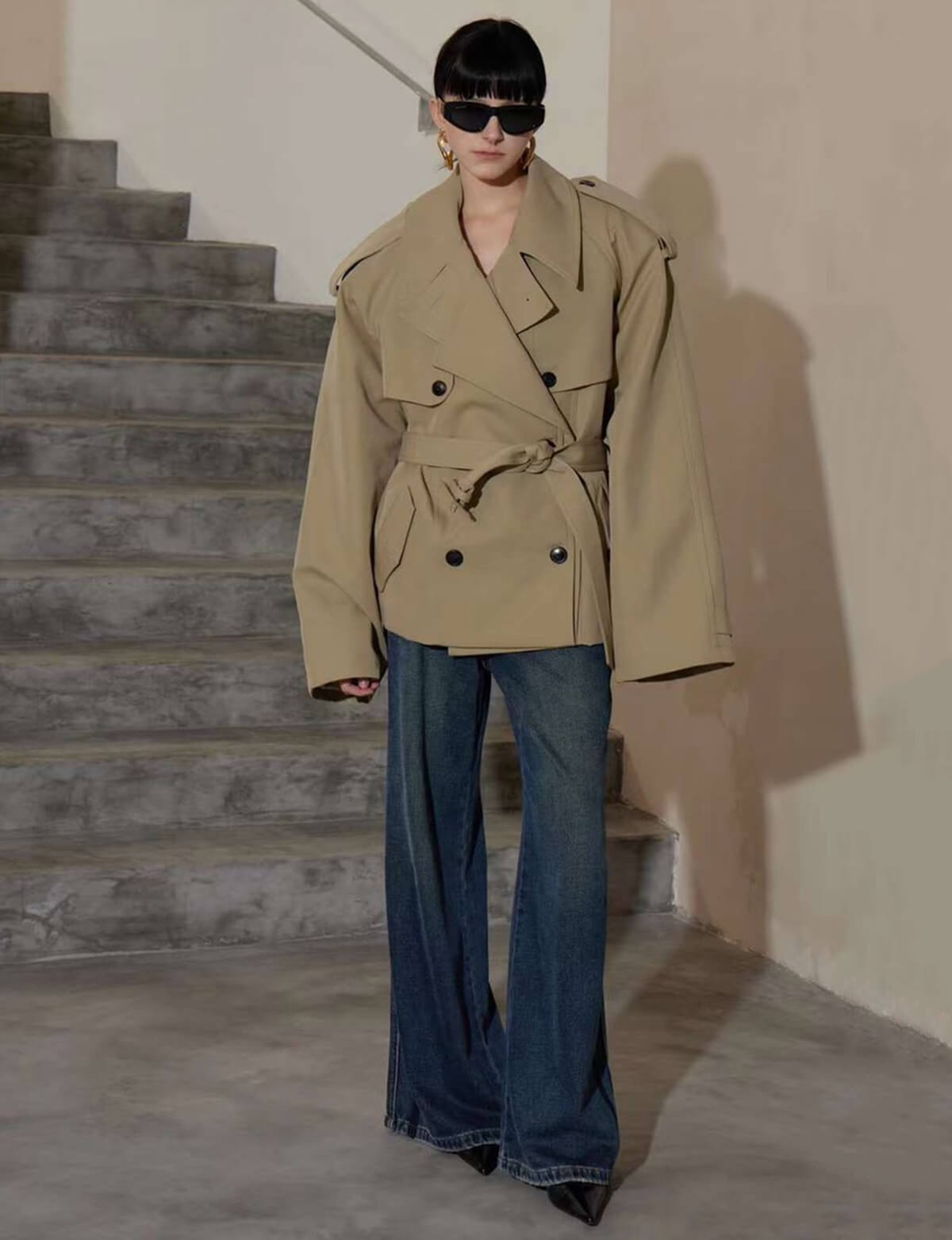 Oversized Cropped Twill Trench Coat