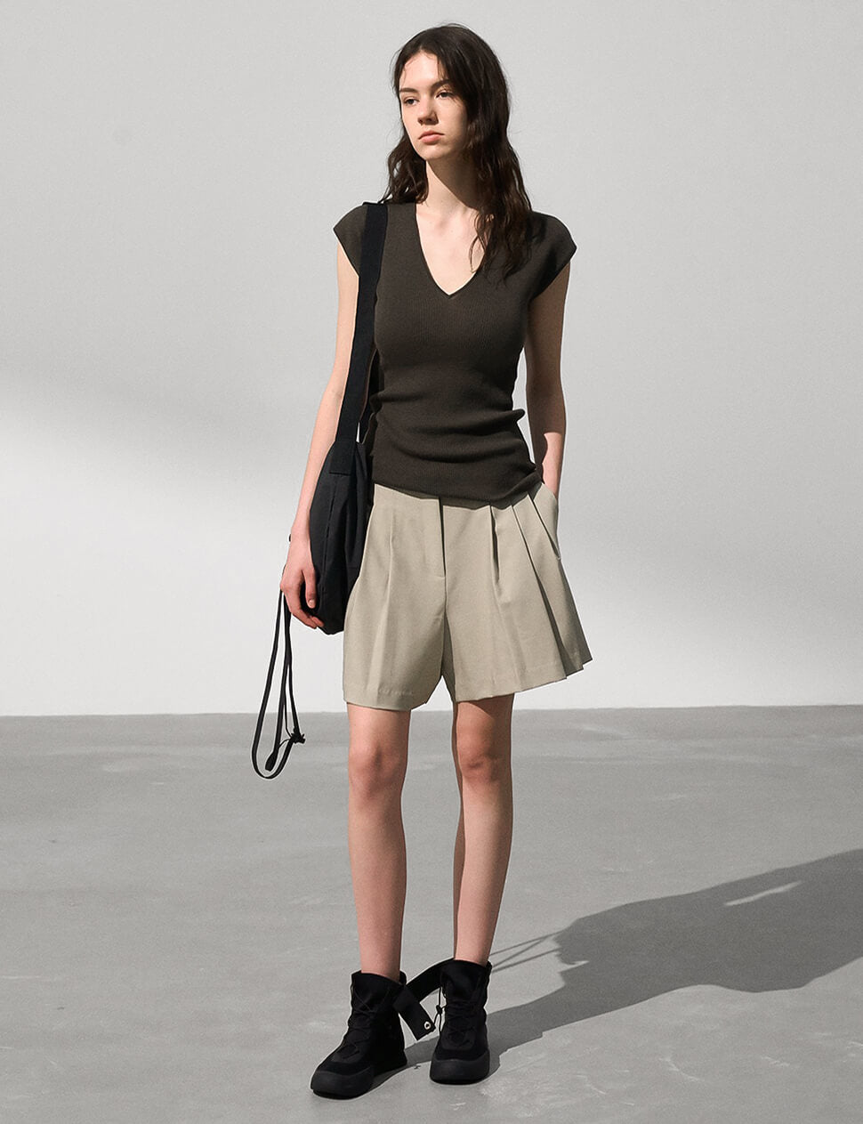 Pleated  Flared Tan Shorts