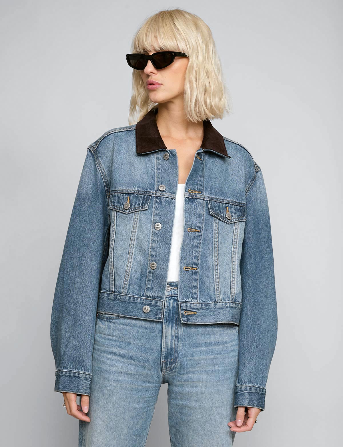 Cropped collar hotsell denim jacket