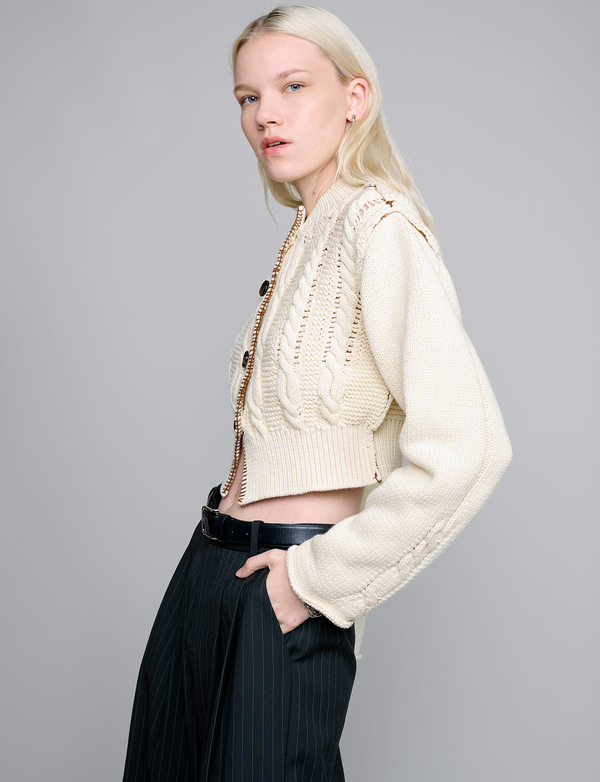 Cream Whipstitched Cropped Cardigan