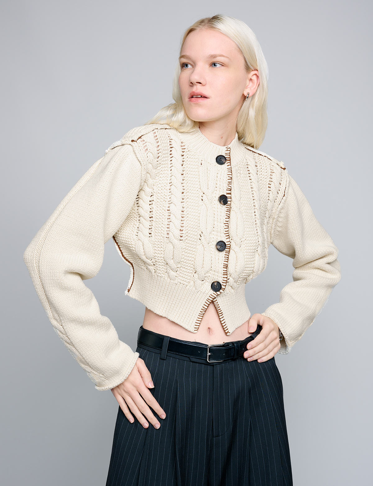 Cream Whipstitched Cropped Cardigan