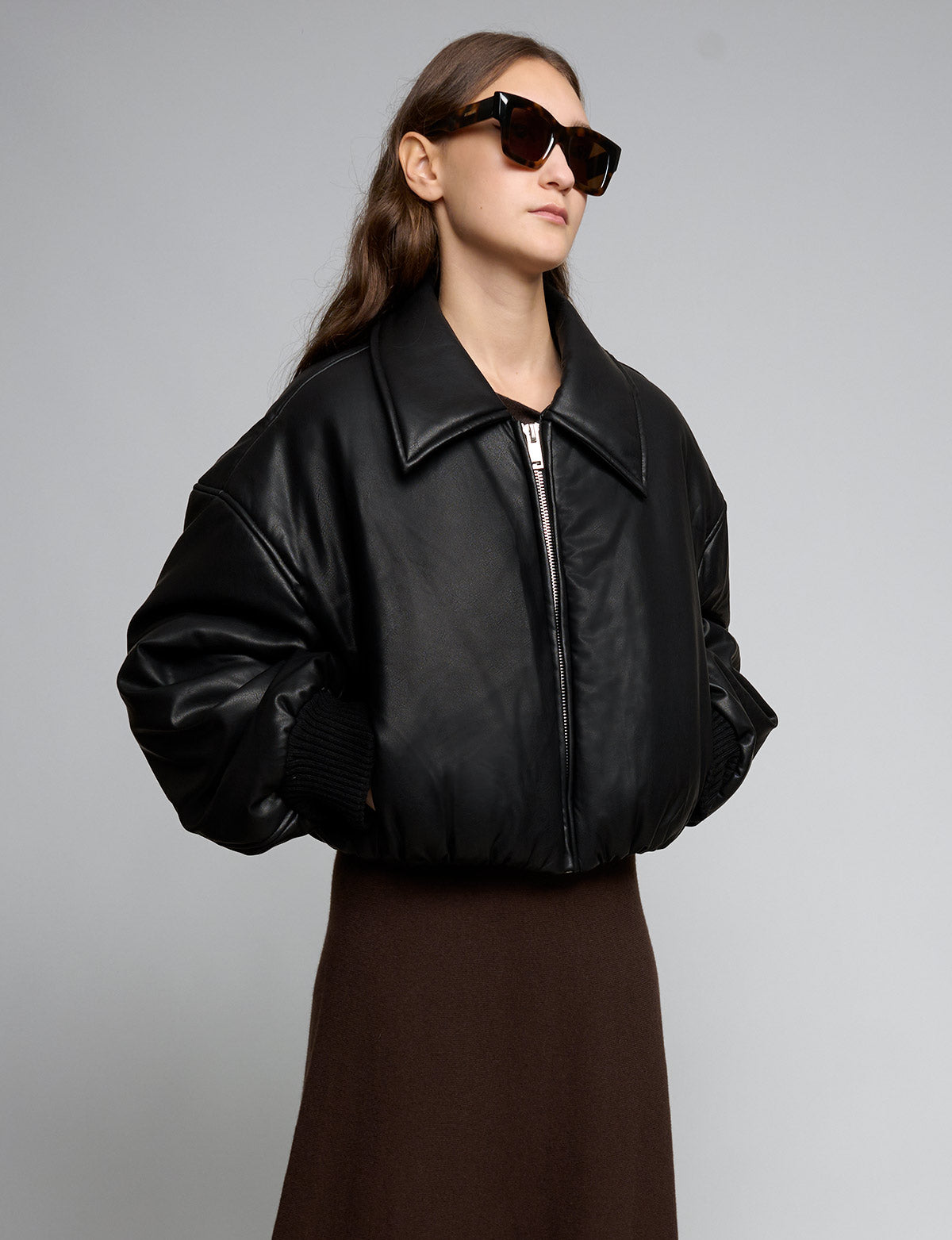 Black Faux-Leather Bomber Jacket-PREORDER