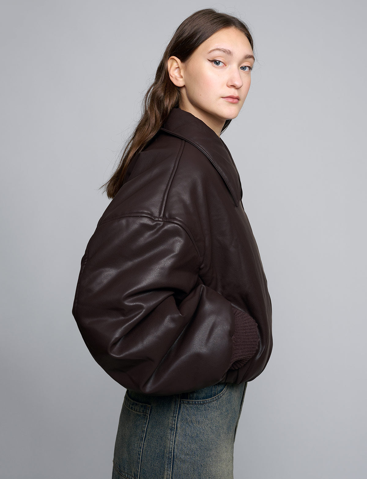 Brown Faux-Leather Bomber Jacket -PREORDER