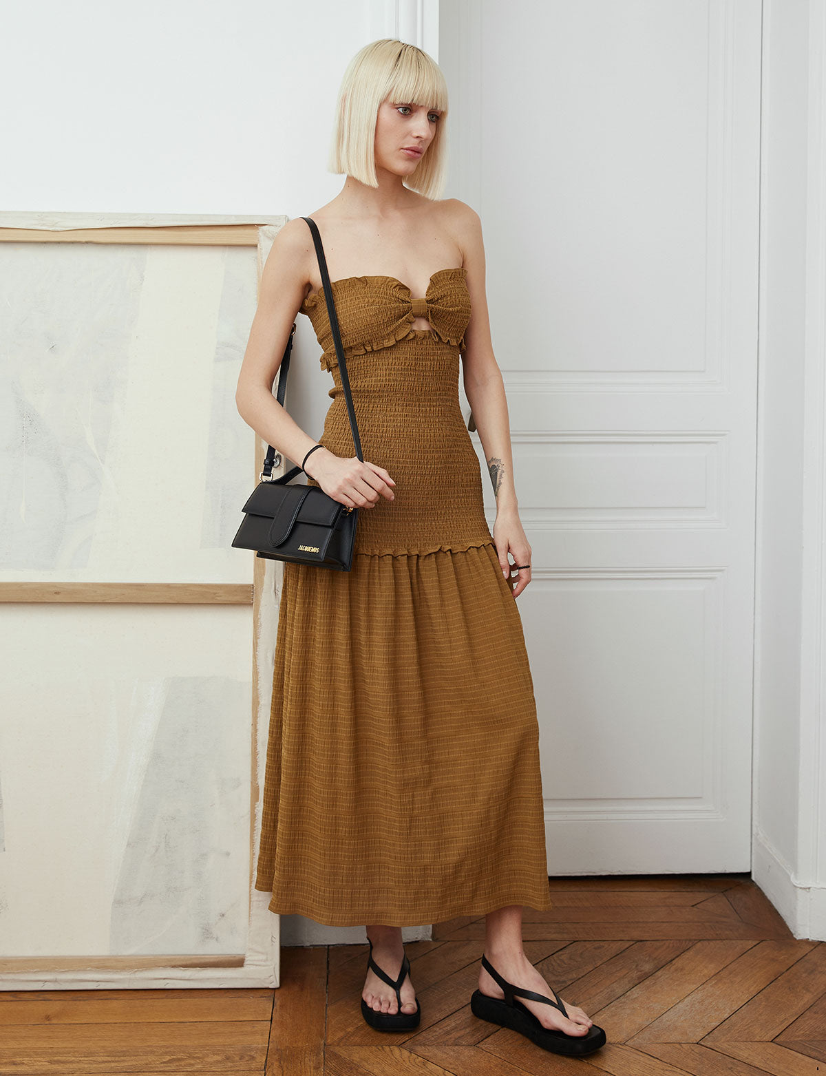 brown smocked midi dress Brown Polka Dot Smocked Midi Dress | Women's Boutique Style