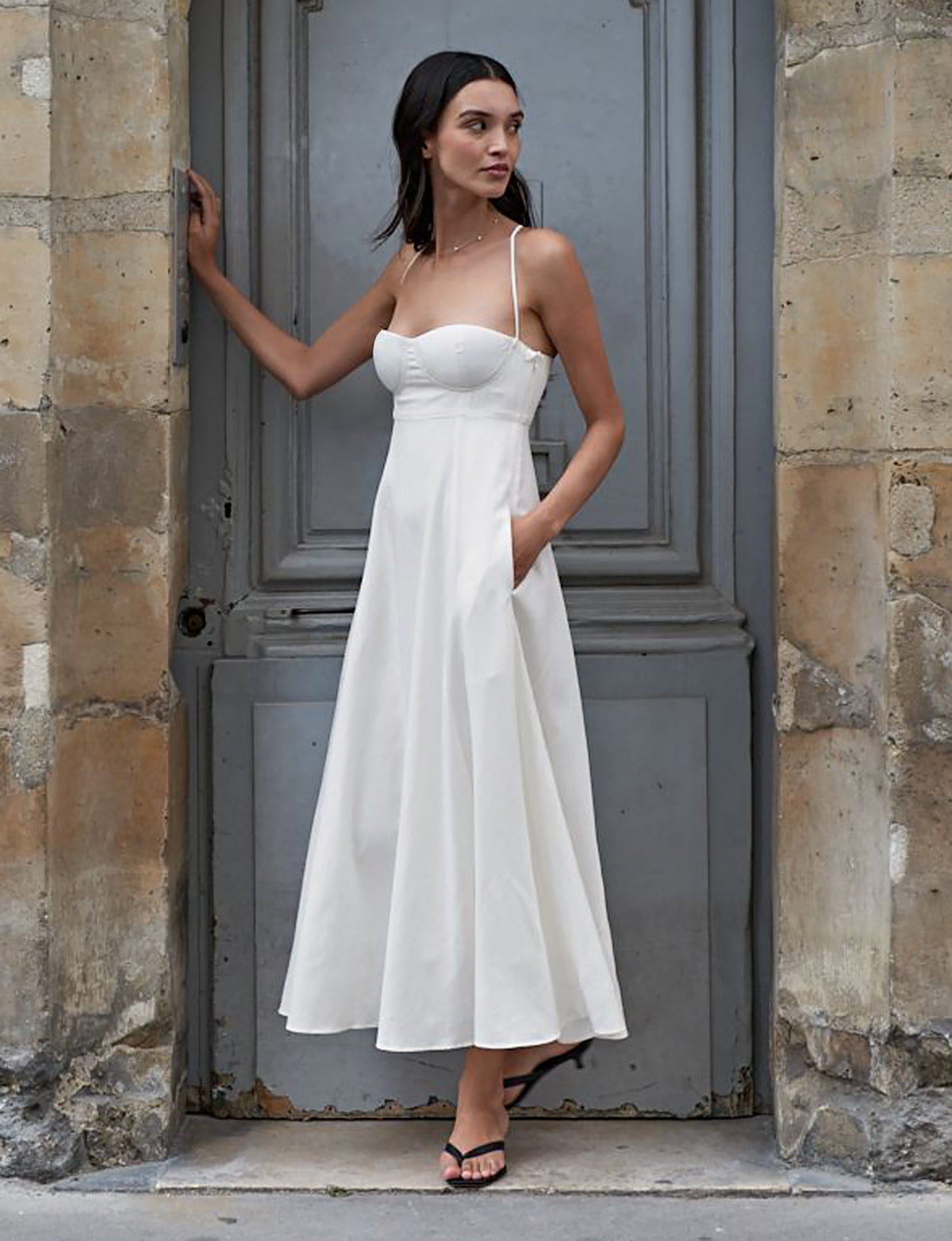 Antonia Padded Dress in White Linen-BESTSELLER
