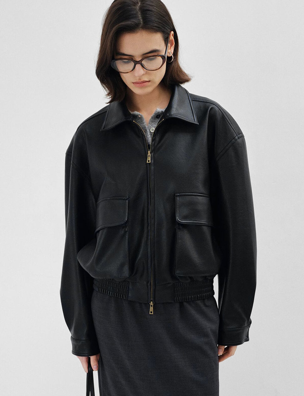 Black Cargo Pocket Cropped Leather Bomber Jacket-PREORDER