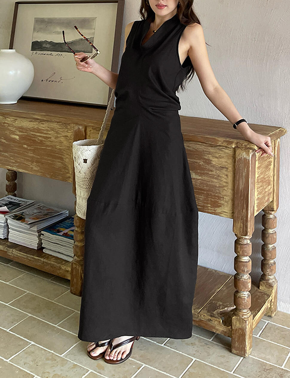 Cowl Neck Sleeveless Paneled Maxi Dress