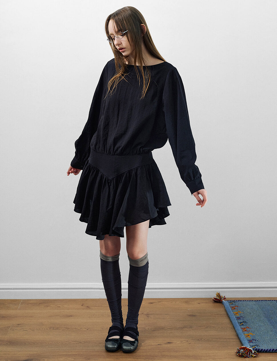 Black Drop-Waist Gathered Mini Dress-PREORDER