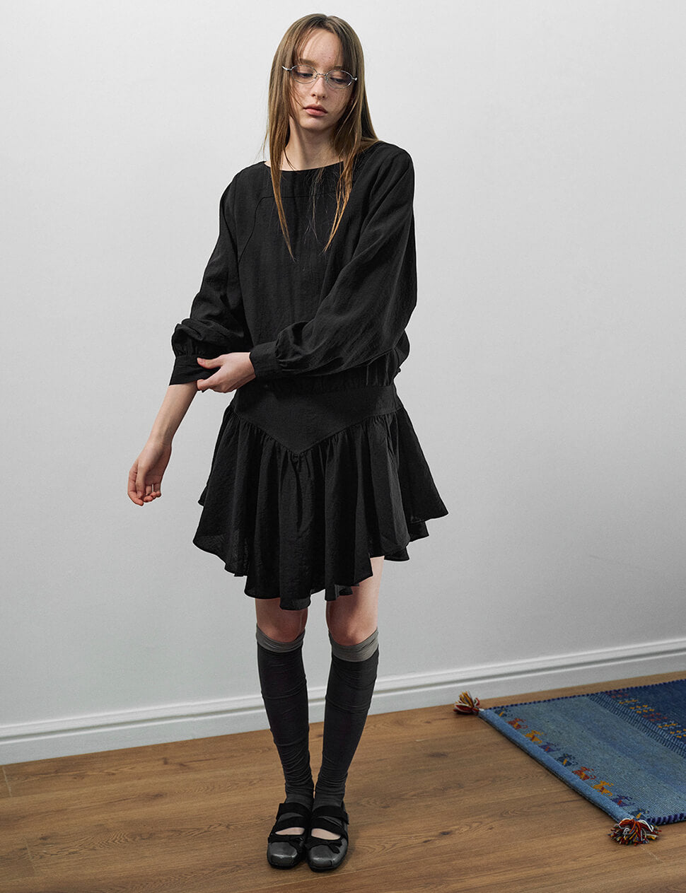 Black Drop-Waist Gathered Mini Dress-PREORDER