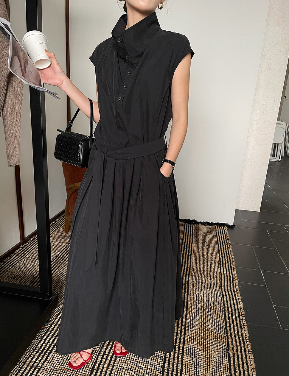 Black Funnel Neck Belted Maxi Dress-PREORDER