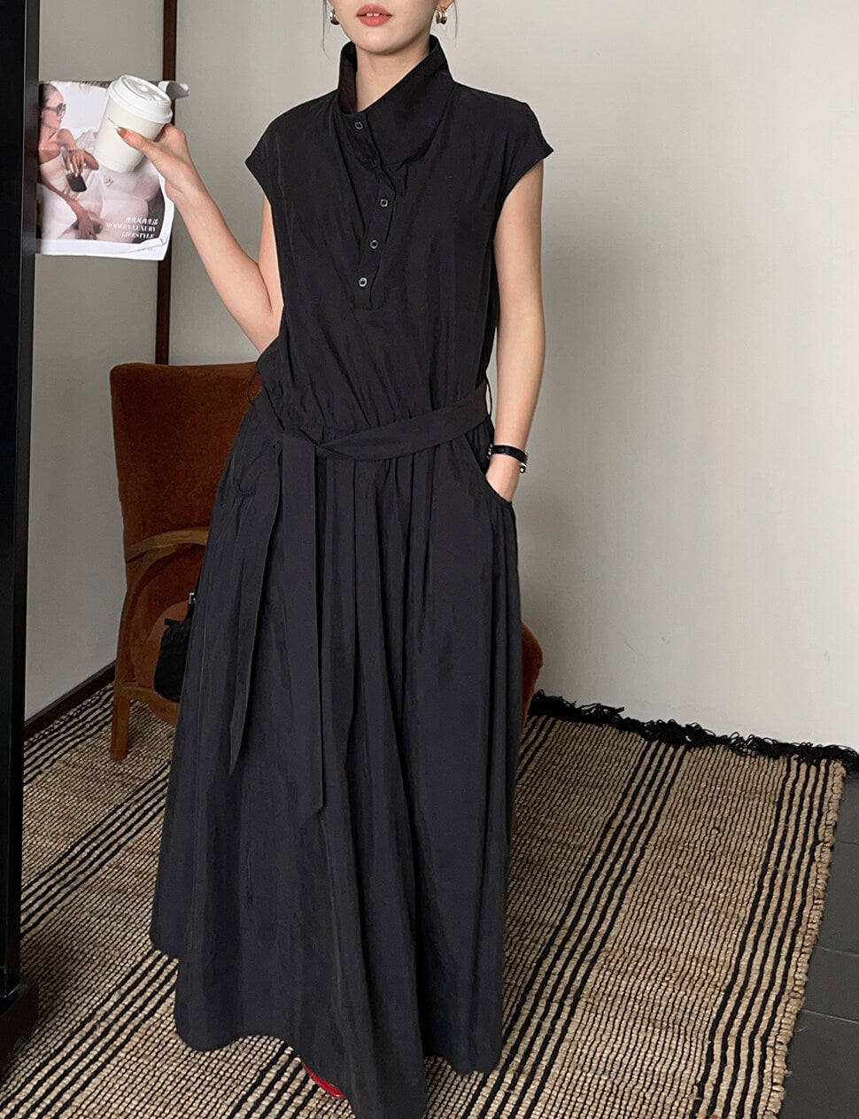 Black Funnel Neck Belted Maxi Dress Black Funnel Neck Belted Maxi Dress
