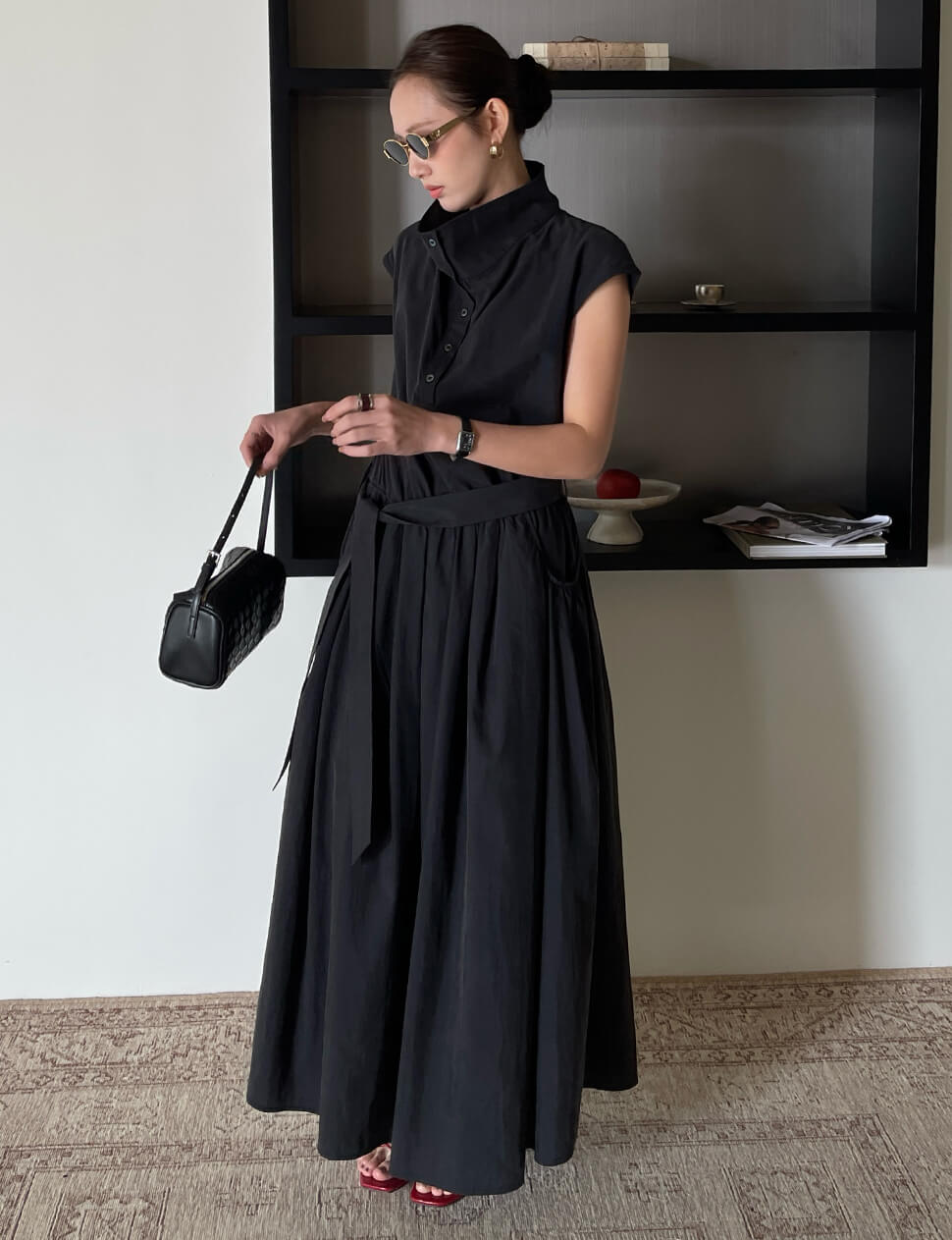 Black Funnel Neck Belted Maxi Dress-PREORDER