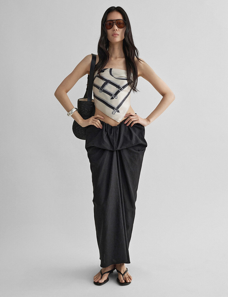 Black Draped Linen Maxi Skirt-PREORDER