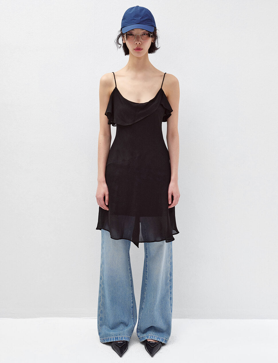Black Layered Ruffle Semi-Sheer Slip Dress-PREORDER