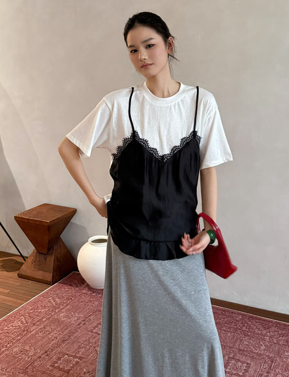 Black Silky Lace Apron Cami Set