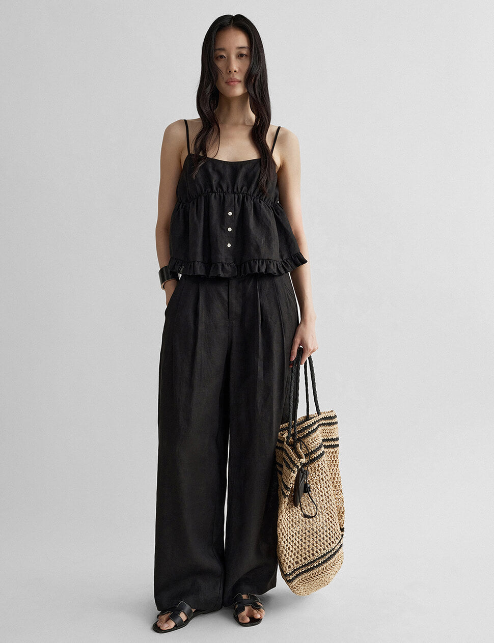 Barrel-Leg Linen Pant in Black-PREORDER