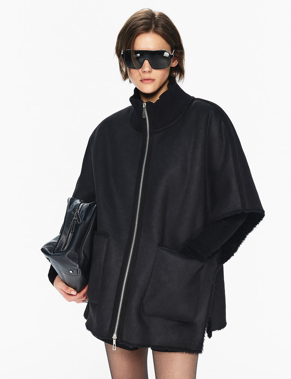 Knit High-Collar Zip Cape in Black -PREORDER
