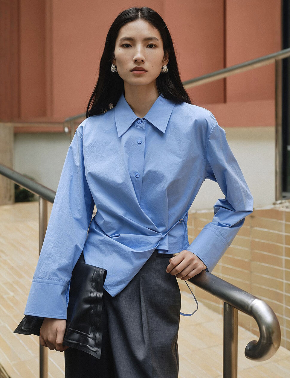 Blue Asymmetric Twisted Front Cropped Shirt-PREORDER