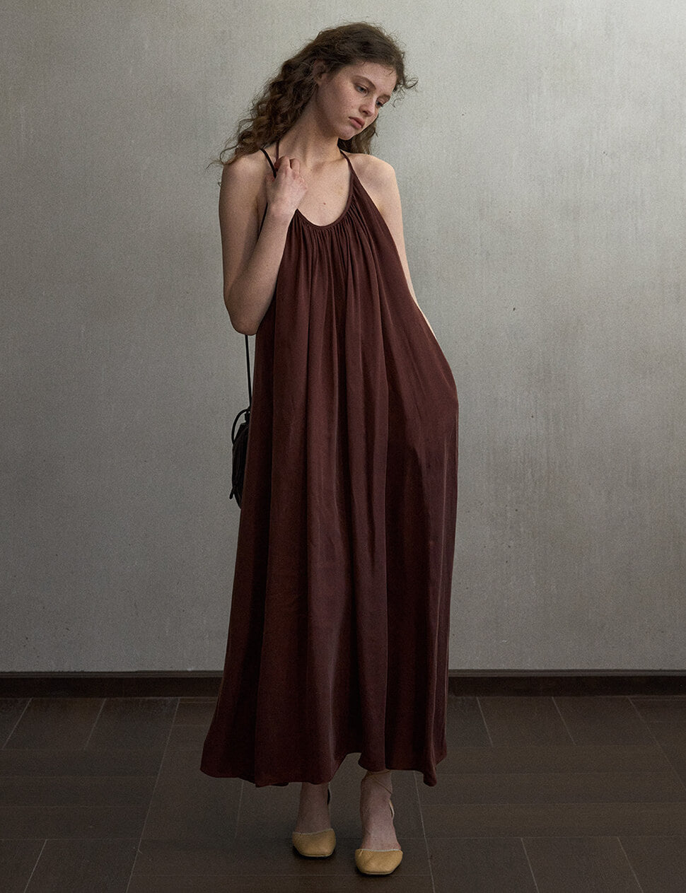 Beaded Brown T-Strap Open Back Dress-PREORDER