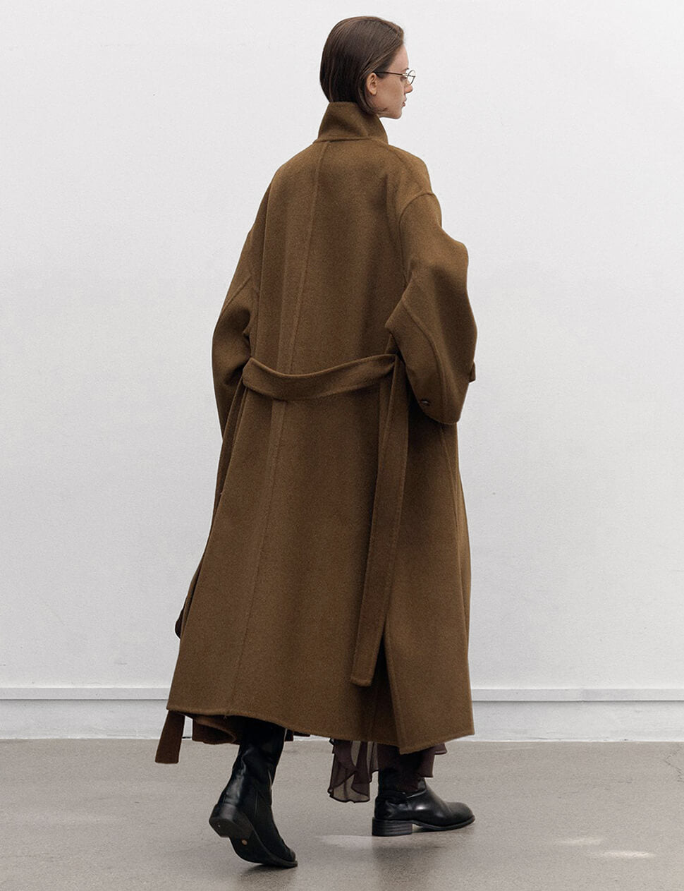 Khaki Funnel Neck Belted Coat-PREORDER