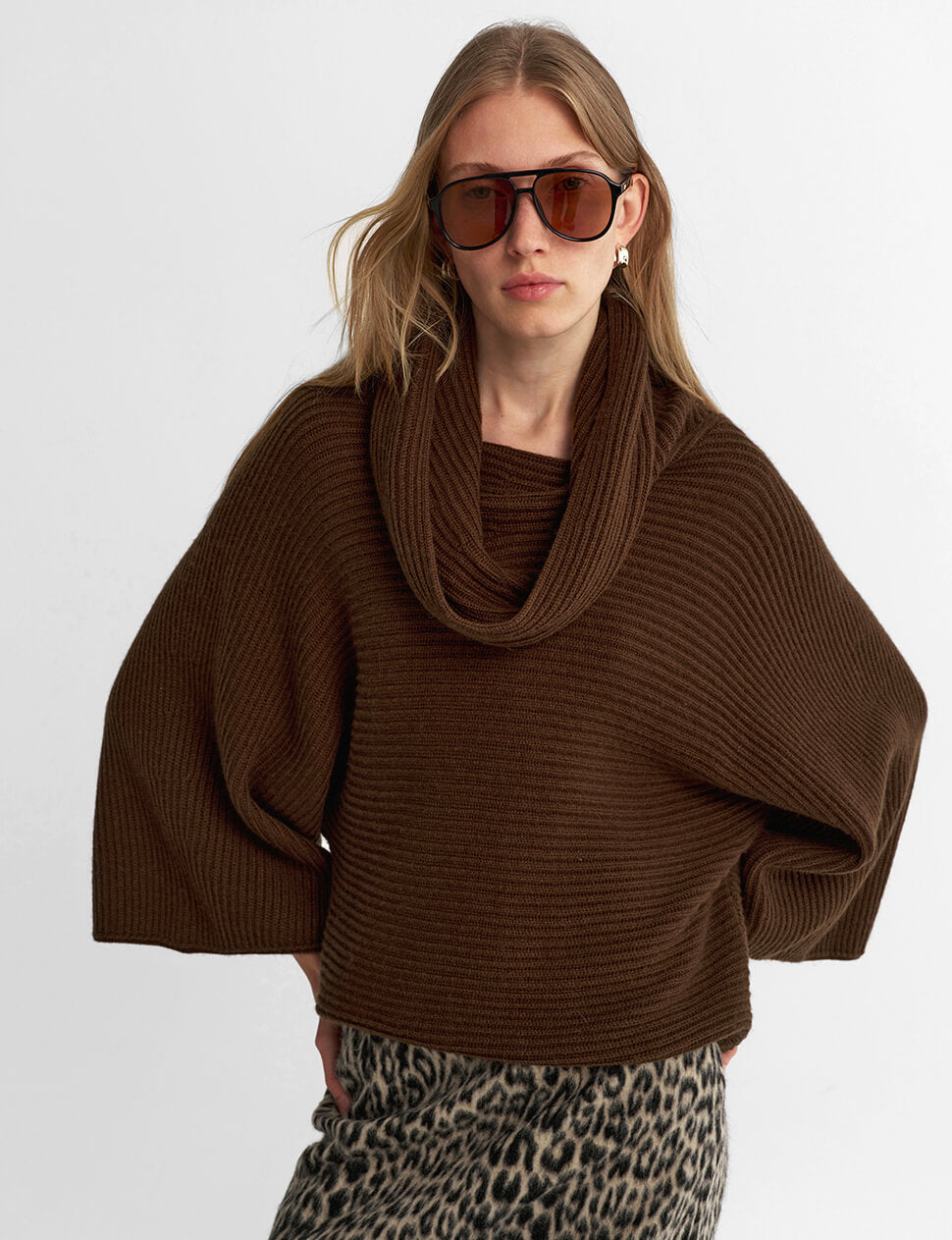 Ribbed Cowl Neck Sweater in Coffee-PREORDER