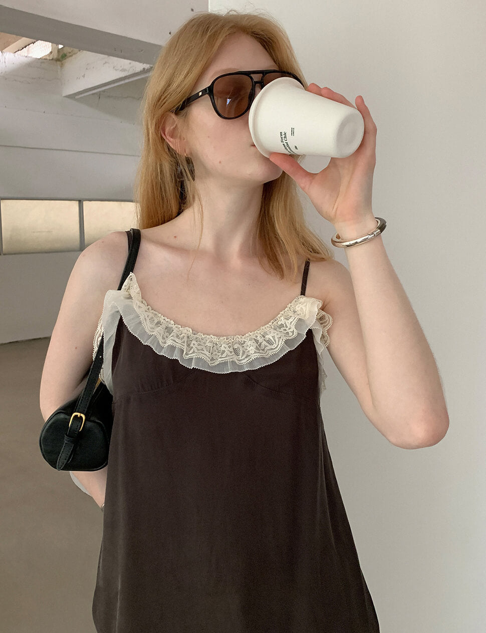 Brown Sheer Lace-Trim Cami Top-PREORDER